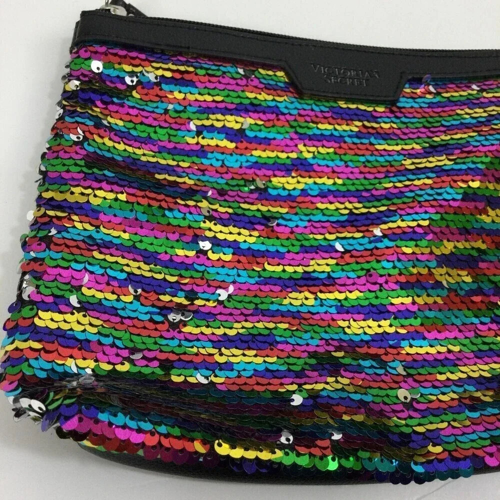 Victoria's Secret Black Silver Rainbow Sequin Makeup Cosmetic Bag Pouch Wristlet